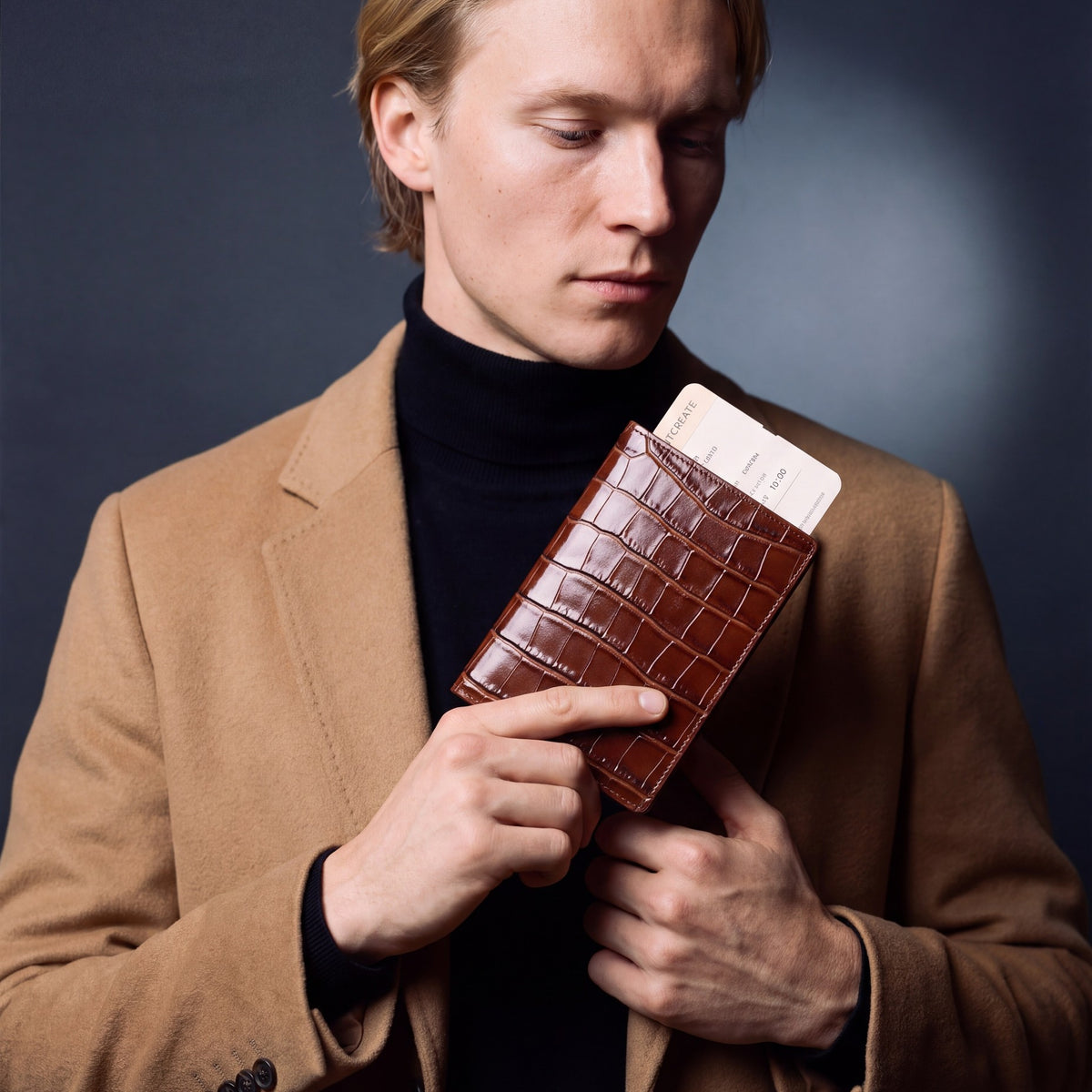 Man holding a brown crocodile-embossed leather passport holder by GENTCREATE with a blank card tucked in