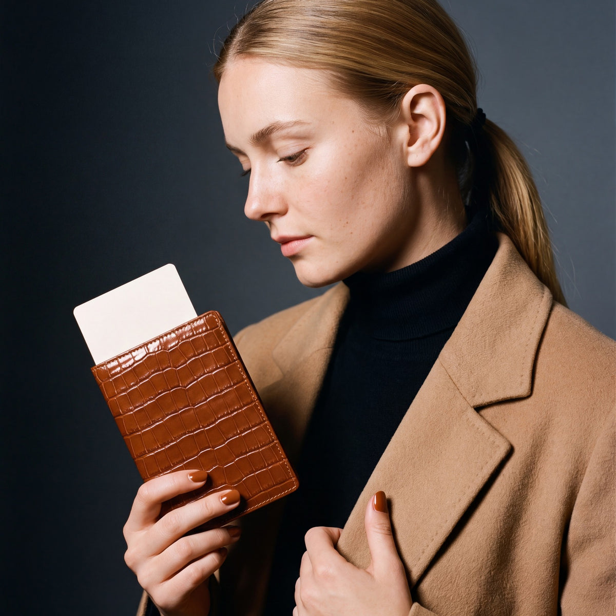Woman holding a brown crocodile-embossed leather passport holder by GENTCREATE with a blank card tucked in
