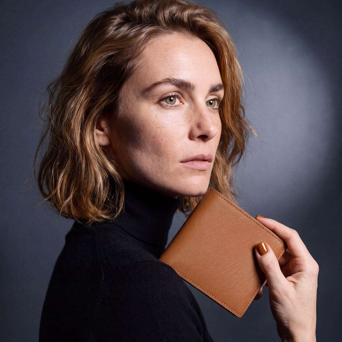 Woman holding a brown Saffiano leather bifold wallet by GENTCREATE up over the shoulder