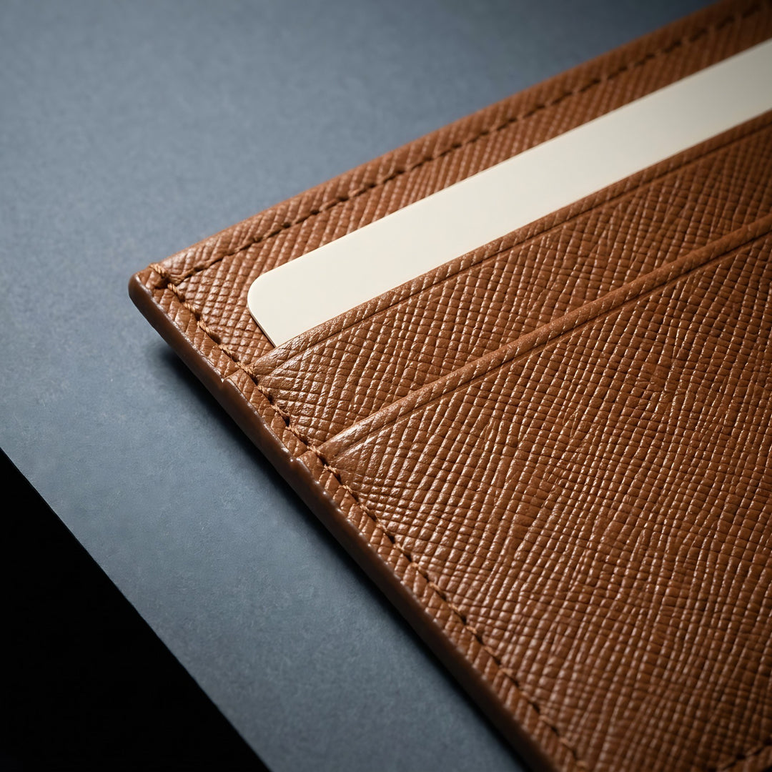 Close-up of the cross-hatched grain and stitched edge of a tan saffiano GENTCREATE card holder