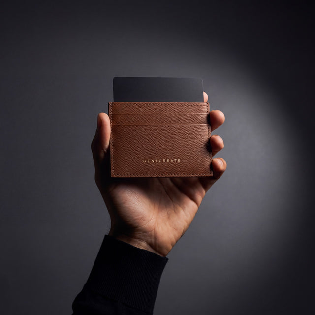 Man's hand holding a brown Saffiano leather card holder by GENTCREATE with a card in a dark studio