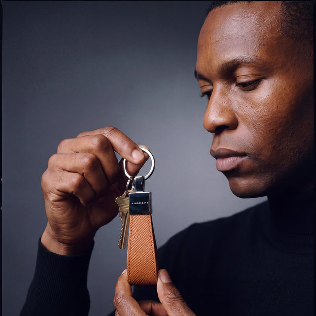 Man holding up a brown Saffiano leather keychain by GENTCREATE with house keys