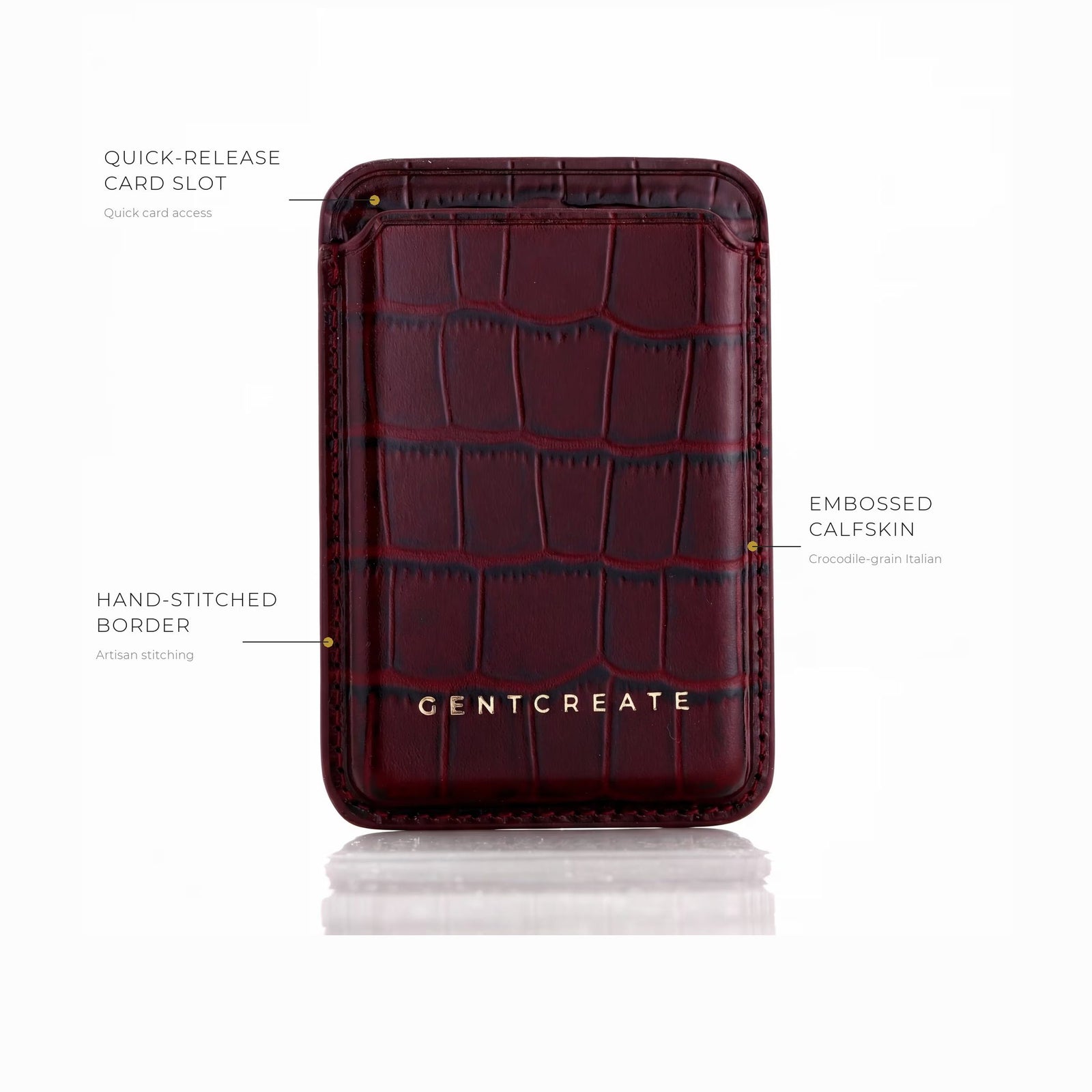 GENTCREATE burgundy crocodile-embossed calfskin leather cardholder with hand-stitched border and card slots