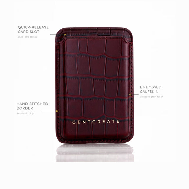 GENTCREATE burgundy crocodile-embossed calfskin leather cardholder with hand-stitched border and card slots