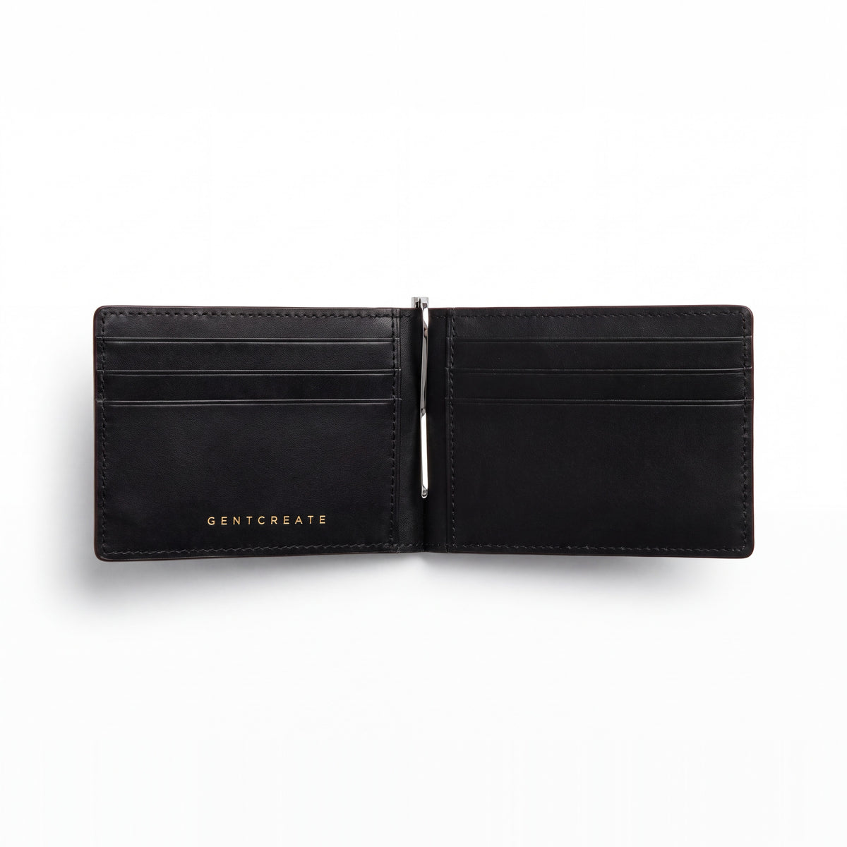 Open burgundy glossy crocodile-embossed leather money clip wallet by GENTCREATE showing its card slots and clip, on white