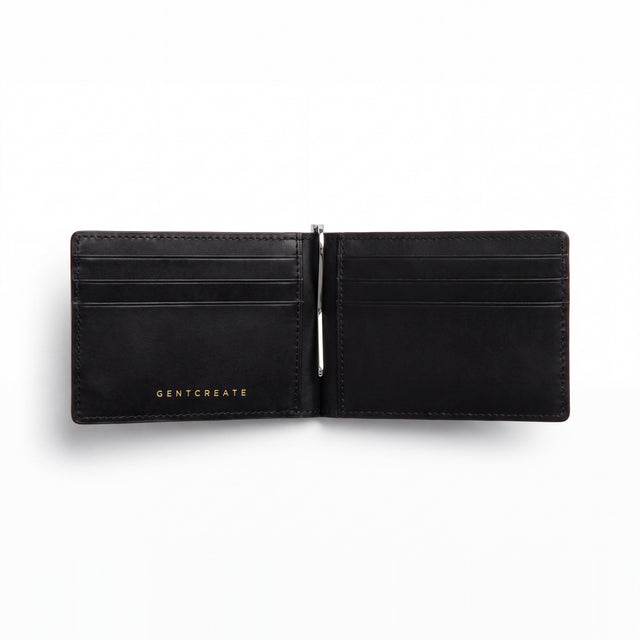Open burgundy glossy crocodile-embossed leather money clip wallet by GENTCREATE showing its card slots and clip, on white