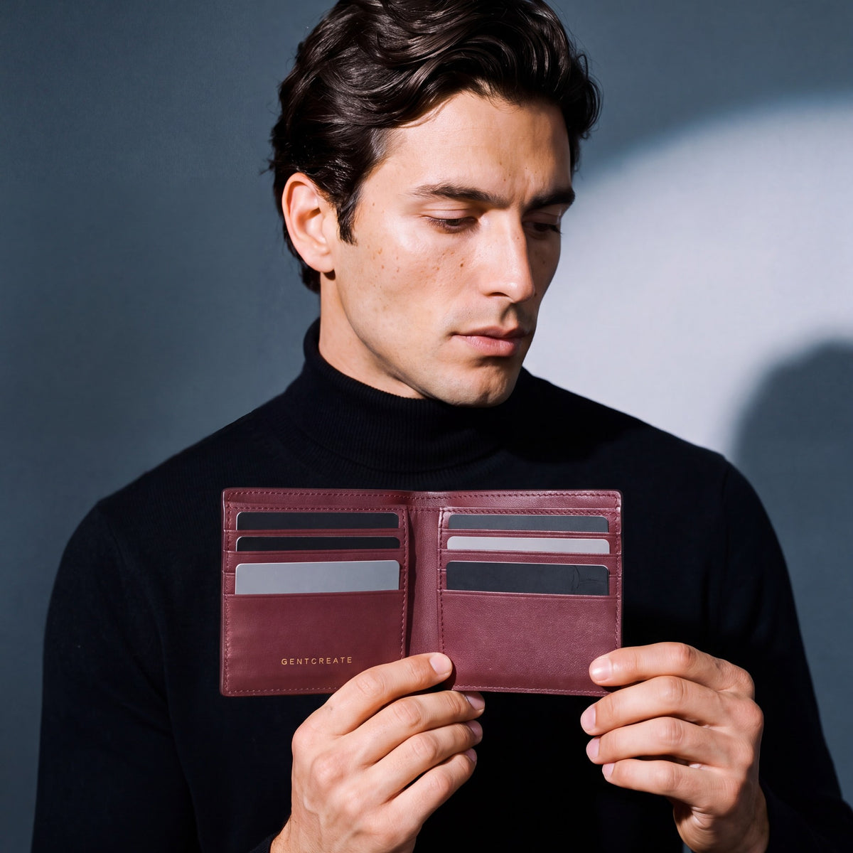 Man opening a burgundy lizard-embossed leather bifold wallet by GENTCREATE to show the card slots