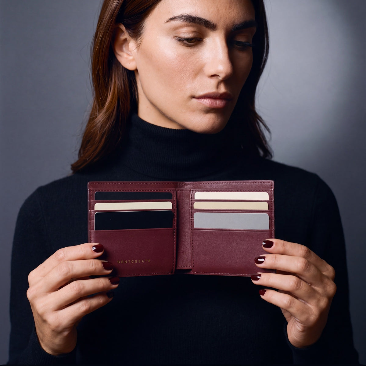 Woman opening a burgundy lizard-embossed leather bifold wallet by GENTCREATE to show the card slots
