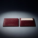Two burgundy lizard-embossed leather card holders by GENTCREATE side by side, one empty and one holding cards