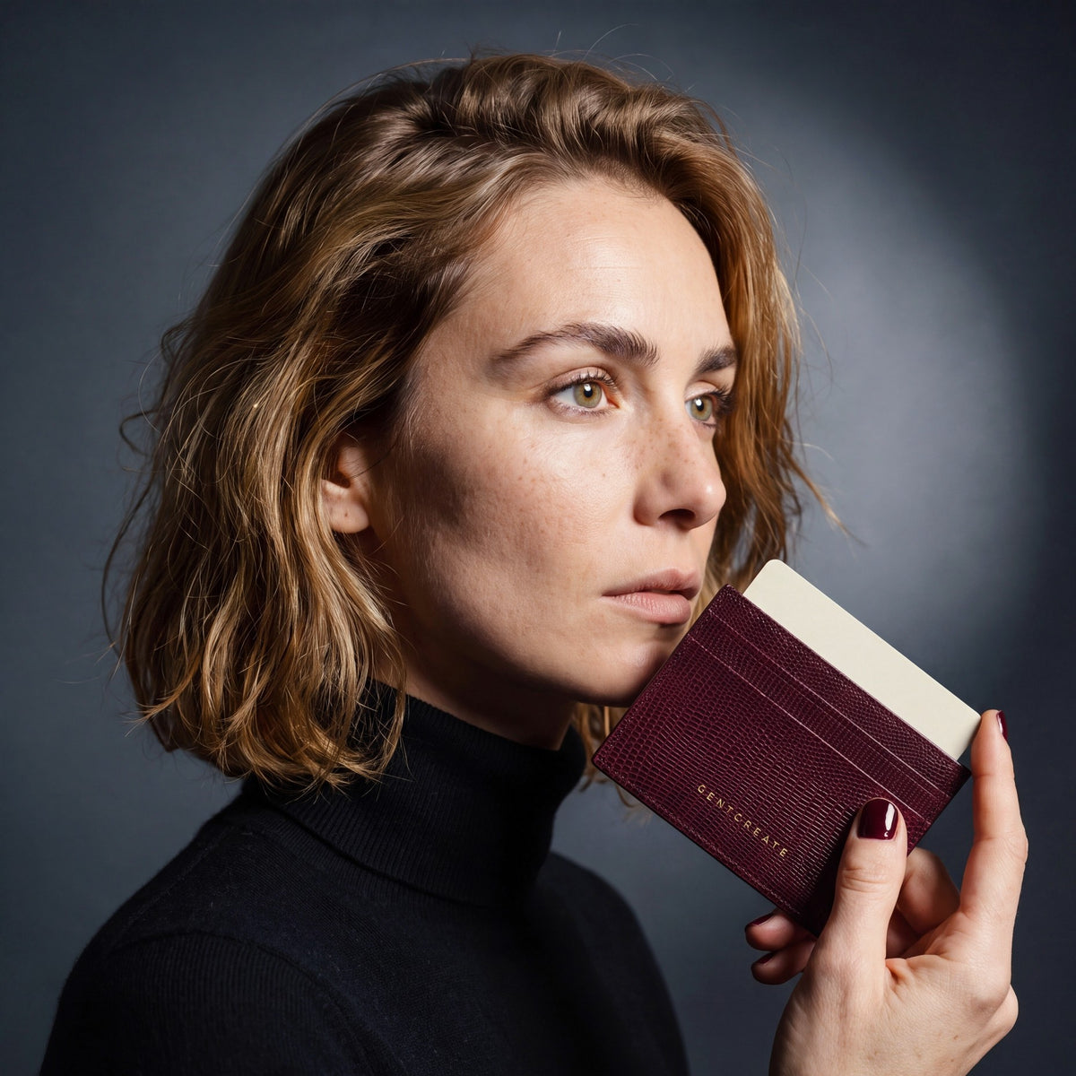 Woman holding a slim burgundy lizard-embossed leather card holder by GENTCREATE and drawing out a card