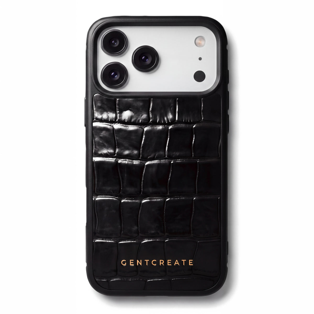 Black glossy crocodile-embossed calfskin iPhone 18 Pro case by GENTCREATE lying at an angle on white