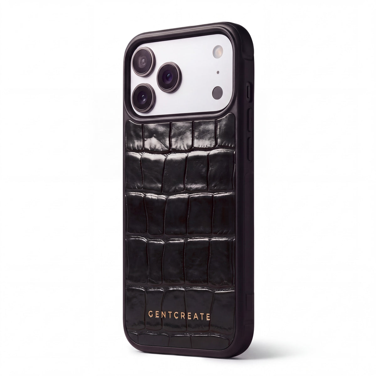 Black glossy crocodile-embossed calfskin iPhone 18 Pro case by GENTCREATE standing on white, its camera window in view