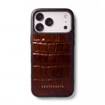 Back of a brown glossy crocodile-embossed calfskin iPhone 18 Pro case by GENTCREATE, straight on, on white