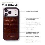 The details of the brown crocodile-embossed iPhone 18 Pro case by GENTCREATE, labeled