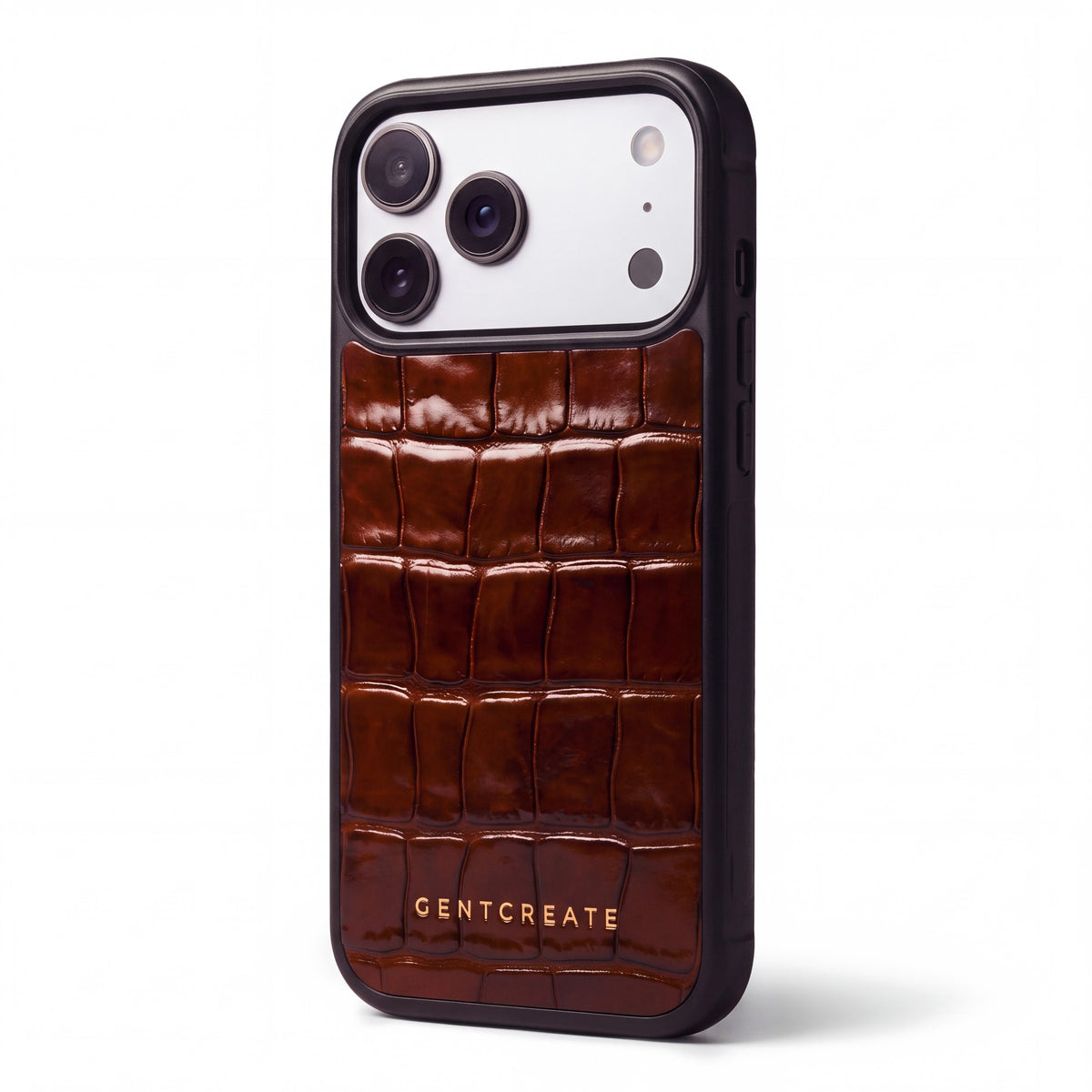 Brown glossy crocodile-embossed calfskin iPhone 18 Pro case by GENTCREATE standing on white, its camera window in view