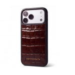 Burgundy glossy crocodile-embossed calfskin iPhone 18 Pro case by GENTCREATE standing on white, its camera window in view