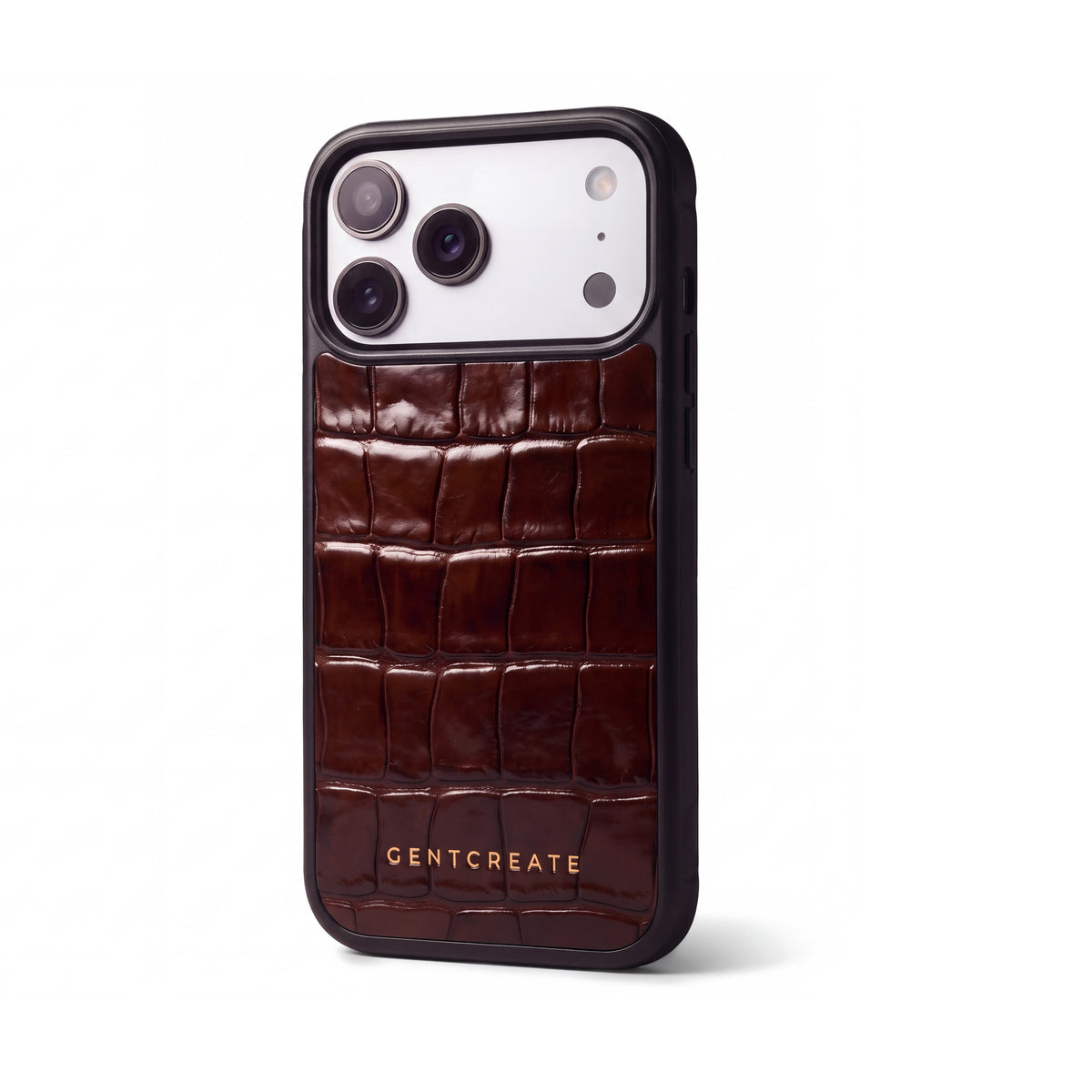Burgundy glossy crocodile-embossed calfskin iPhone 18 Pro case by GENTCREATE standing on white, its camera window in view