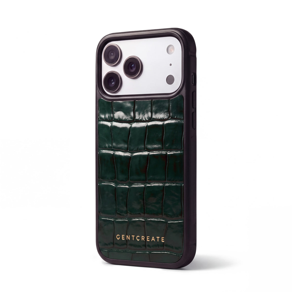 Green glossy crocodile-embossed calfskin iPhone 18 Pro case by GENTCREATE standing on white, its camera window in view