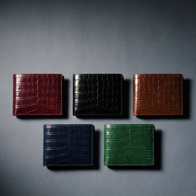 Crocodile-embossed leather bifold wallet by GENTCREATE in burgundy, black, brown, navy and green, laid flat