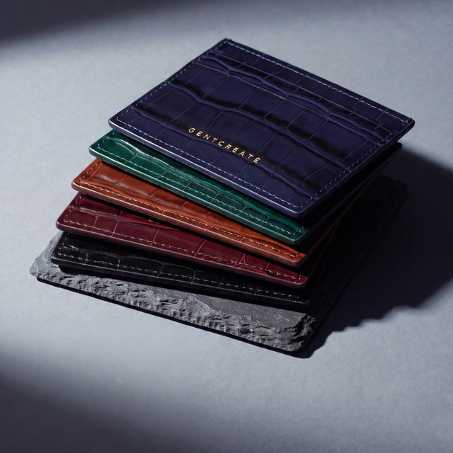 Crocodile-embossed leather card holder by GENTCREATE in black, burgundy, brown, green and navy, stacked