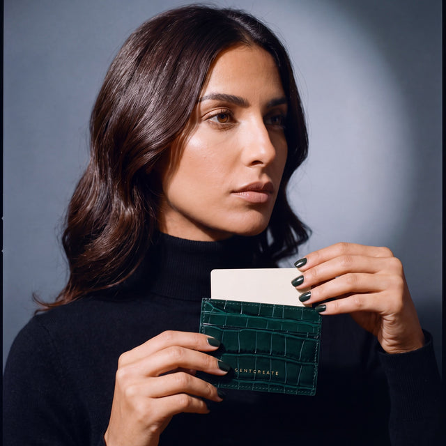 Woman sliding a card into a green crocodile-embossed leather card holder by GENTCREATE