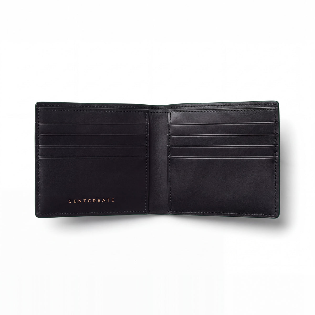 Portefeuille GENTCREATE à deux volets en cuir vert brillant embossé façon crocodile, ouvert sur les fentes pour cartes, sur fond blanc