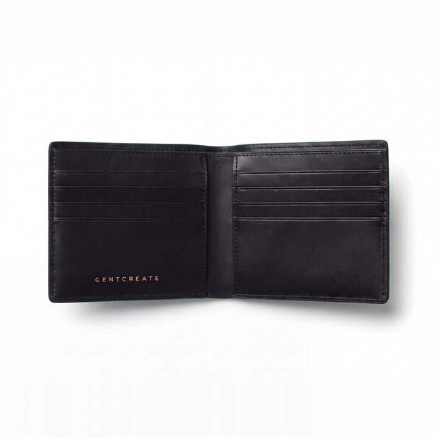 Open green glossy crocodile-embossed leather bifold wallet by GENTCREATE showing the card slots, on white