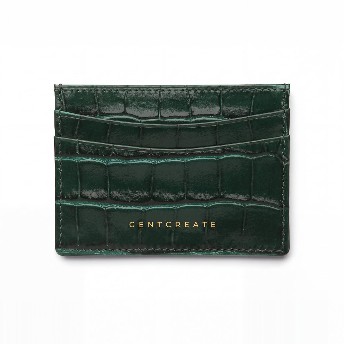 GENTCREATE 绿色亮面鳄鱼纹压花皮革卡包，平放于白色背景上，俯视拍摄
