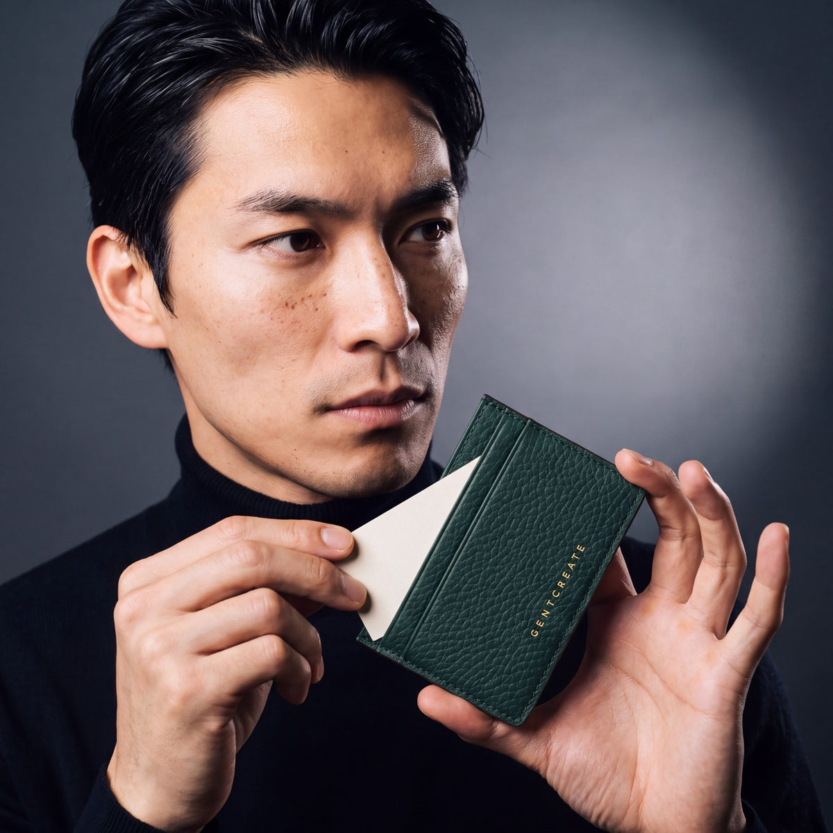 Man holding a slim green pebble leather card holder by GENTCREATE and drawing out a card