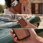 Collage of a person using a brown pebble Italian calfskin leather iPhone 17 Pro Max case with GENTCREATE branding.