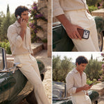 Man in beige outfit using an iPhone 17 Pro Max pebble Italian calfskin leather case by GENTCREATE outdoors with a car and garden in the background