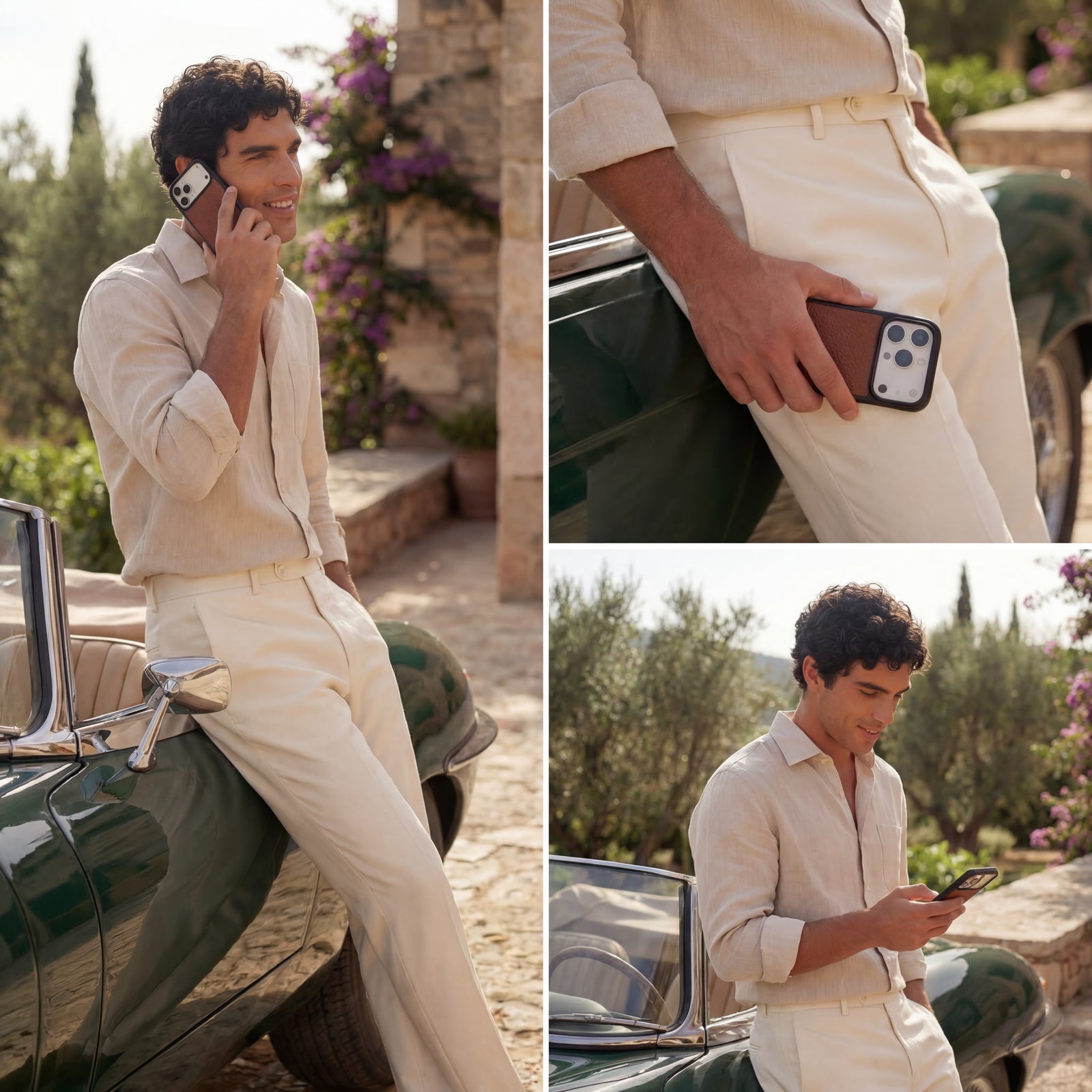 Man in beige outfit using an iPhone 17 Pro Max pebble Italian calfskin leather case by GENTCREATE outdoors with a car and garden in the background
