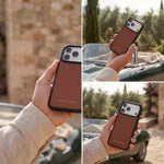 Collage of a mans hand holding an iPhone 17 Pro Max Italian full-grain pebble leather case in various settings.