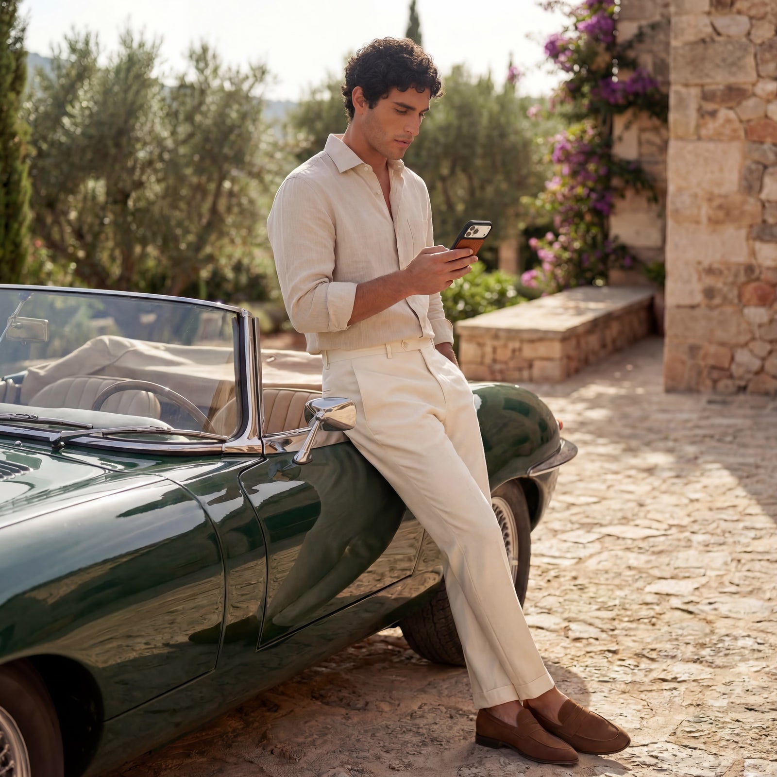 Old money pebble leather iPhone 17 Ori max case man holding the leather case leaning on a car.