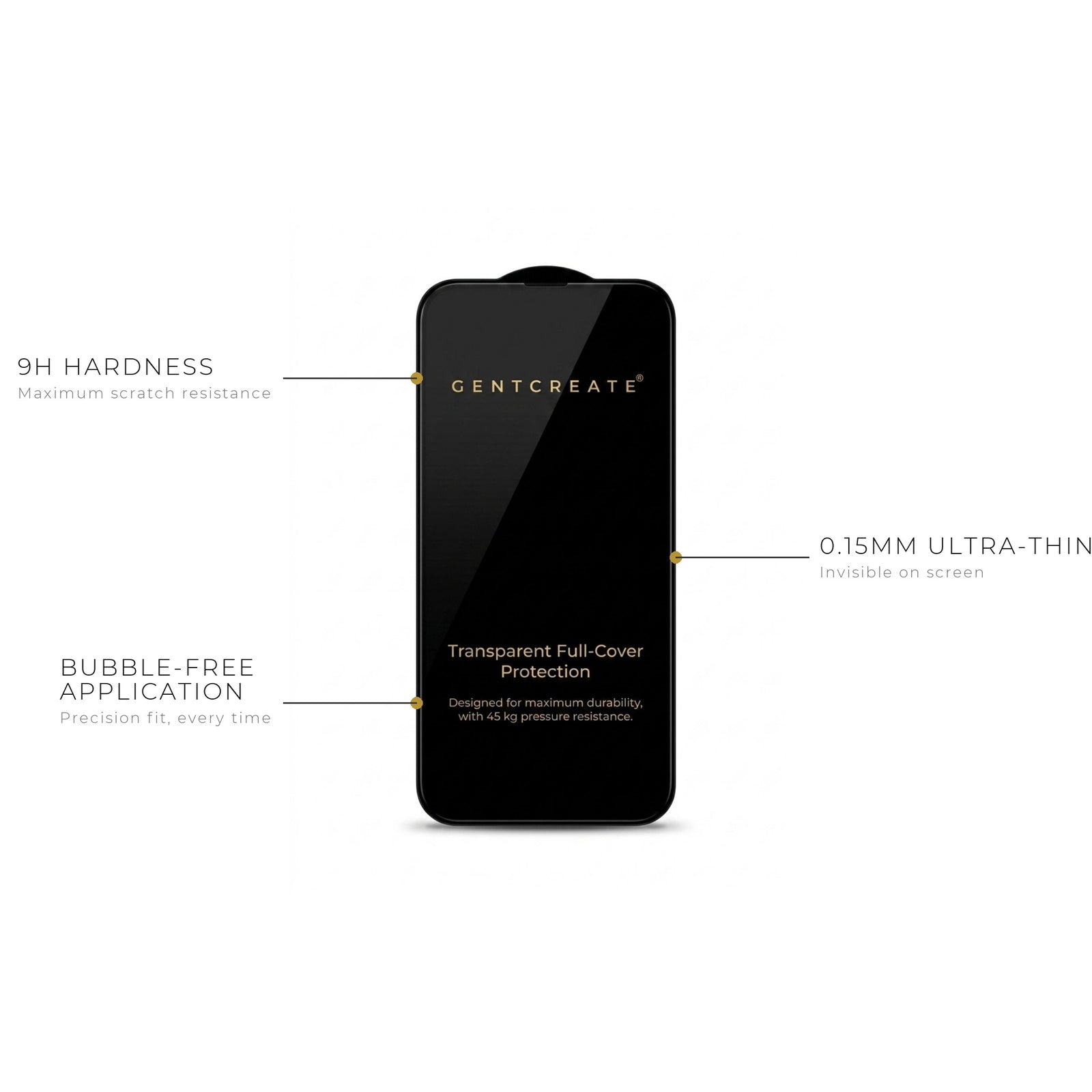 GENTCREATE水晶清晰的钢化玻璃屏幕保护膜，适用于iPhone 16 Pro，具有9H硬度、边到边的全覆盖保护和抗指纹的疏油涂层。