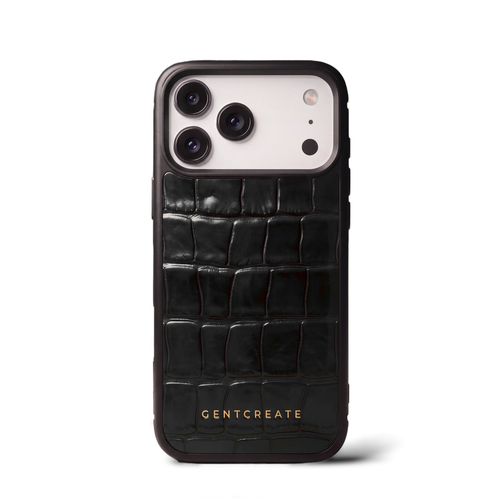 Black glossy crocodile-embossed calfskin iPhone case by GENTCREATE