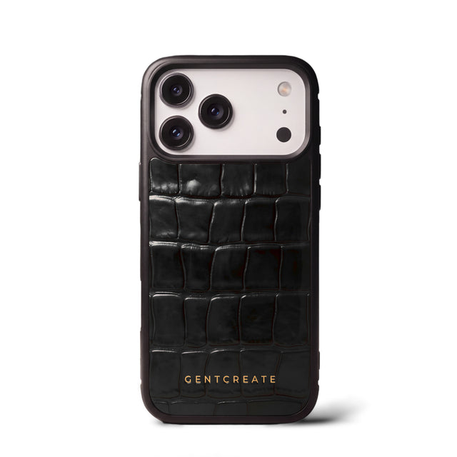 iPhone-Hülle aus Kalbsleder mit Krokodilprägung, Schwarz, GENTCREATE