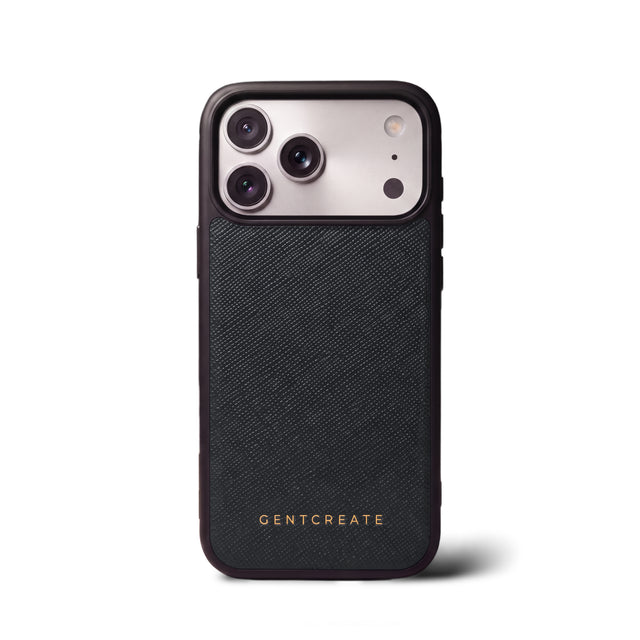 Funda de piel de becerro para iPhone con entramado cruzado Saffiano, negra, GENTCREATE