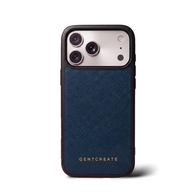 Funda de piel de becerro para iPhone con entramado cruzado Saffiano, azul marino, GENTCREATE