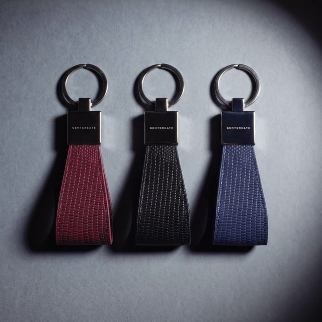 Lizard-embossed leather keychain by GENTCREATE in burgundy, black and navy, laid flat