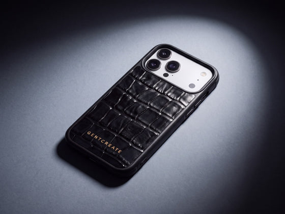 Funda negra para iPhone 18 Pro de cuero grabado croco de GENTCREATE, imagen del menú Fundas de cuero para iPhone