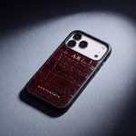 Burgundy crocodile-embossed leather iPhone case with gold initials by GENTCREATE, Stylish iPhone Cases menu image