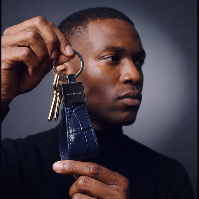 Man holding up a navy crocodile-embossed leather keychain by GENTCREATE with house keys