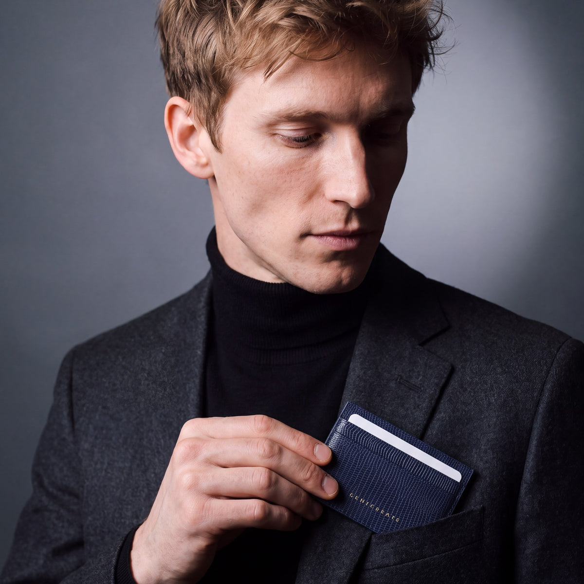 Man slipping a navy lizard-embossed leather card holder by GENTCREATE into a blazer chest pocket