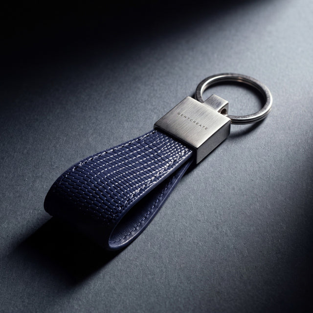 Close-up of the steel clasp of a navy lizard-embossed leather keychain by GENTCREATE
