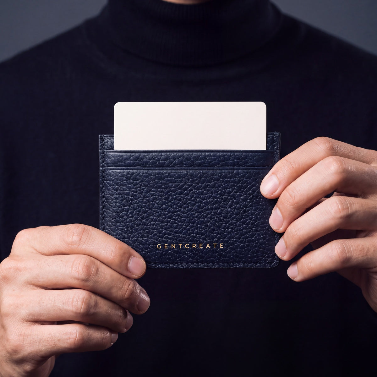 Close-up of hands holding a navy pebble leather card holder by GENTCREATE with a card in the top slot