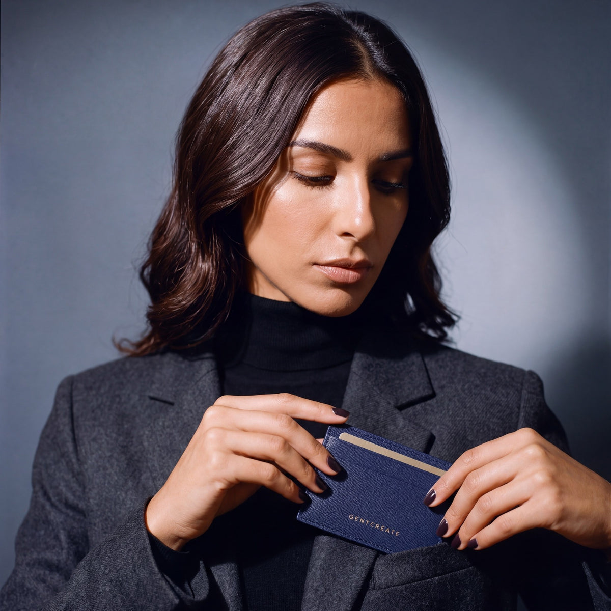 Woman slipping a navy Saffiano leather card holder by GENTCREATE into a blazer chest pocket