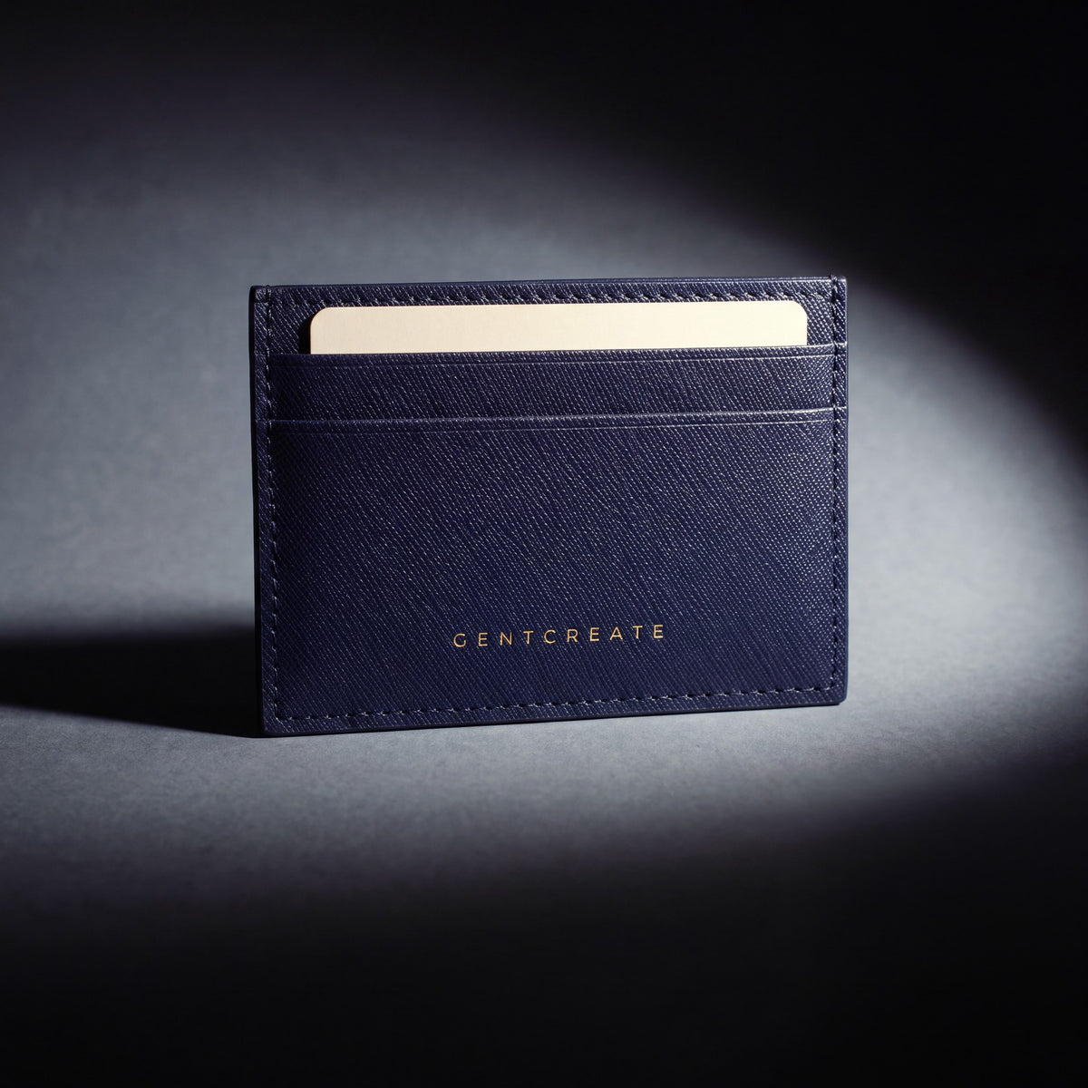 Close-up of the leather grain of a navy Saffiano leather card holder by GENTCREATE