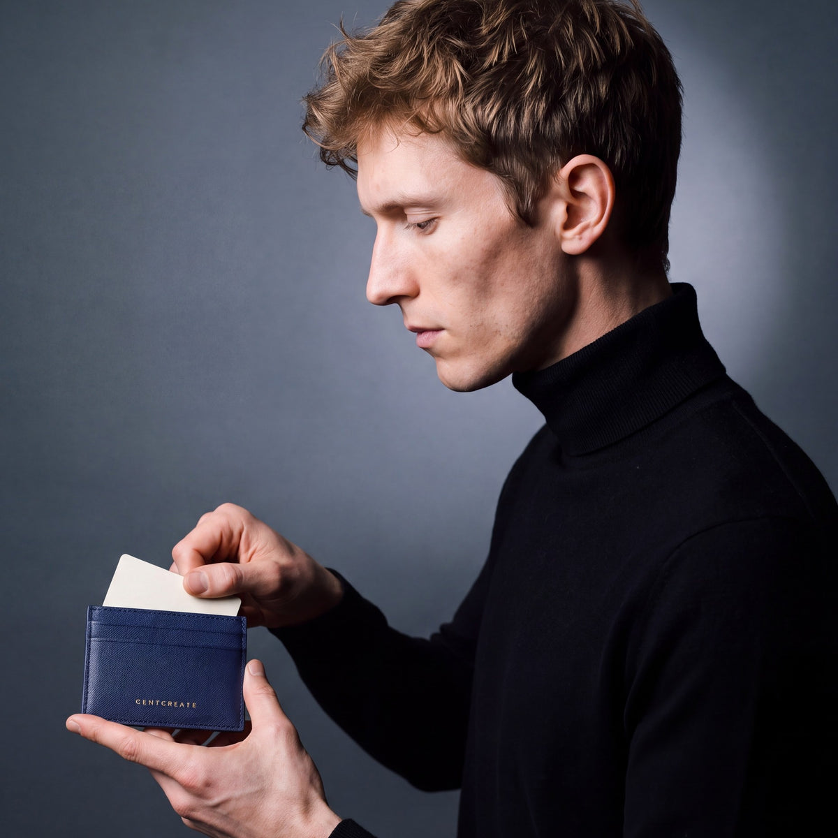 Man sliding a card into a navy Saffiano leather card holder by GENTCREATE