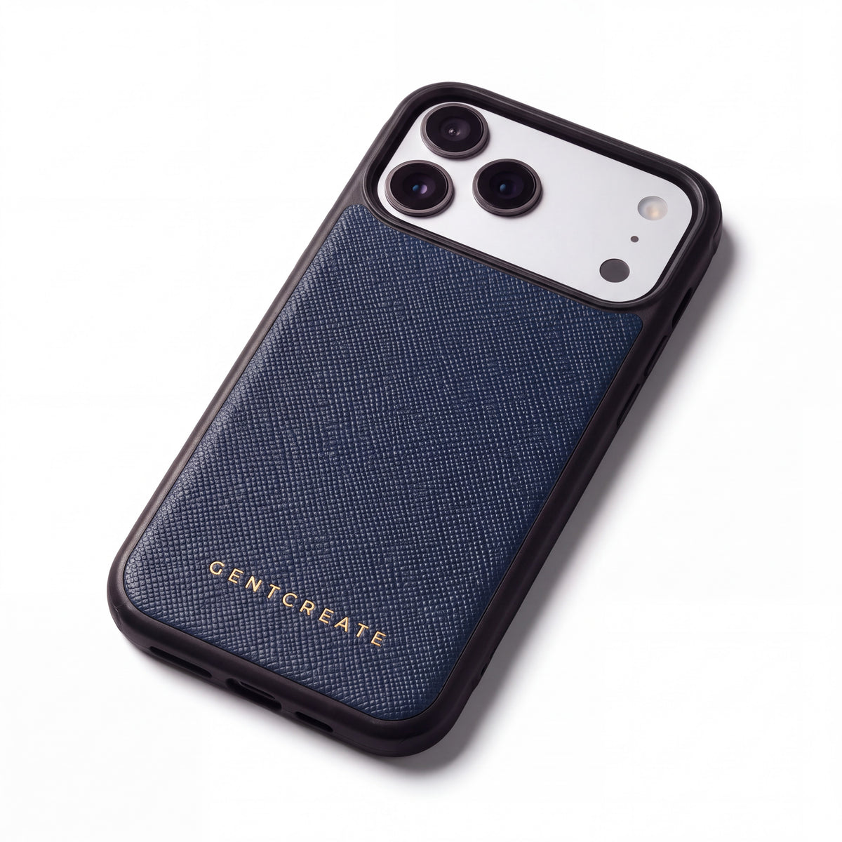 Navy Saffiano cross-hatch calfskin iPhone 18 Pro case by GENTCREATE lying at an angle on white